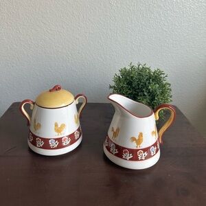 Coq A Doodle Do by WAVERLY  Roosters Hand Painted Creamer & Sugar Bowl W/Lid Set